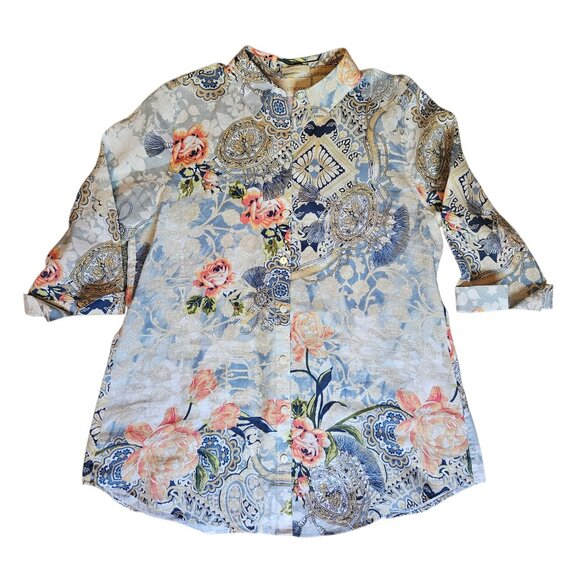 Chico's Women's Blouse SZ 0 US 4/6 Small No Iron 100% Linen Paisley Coastal Top - Picture 1 of 11